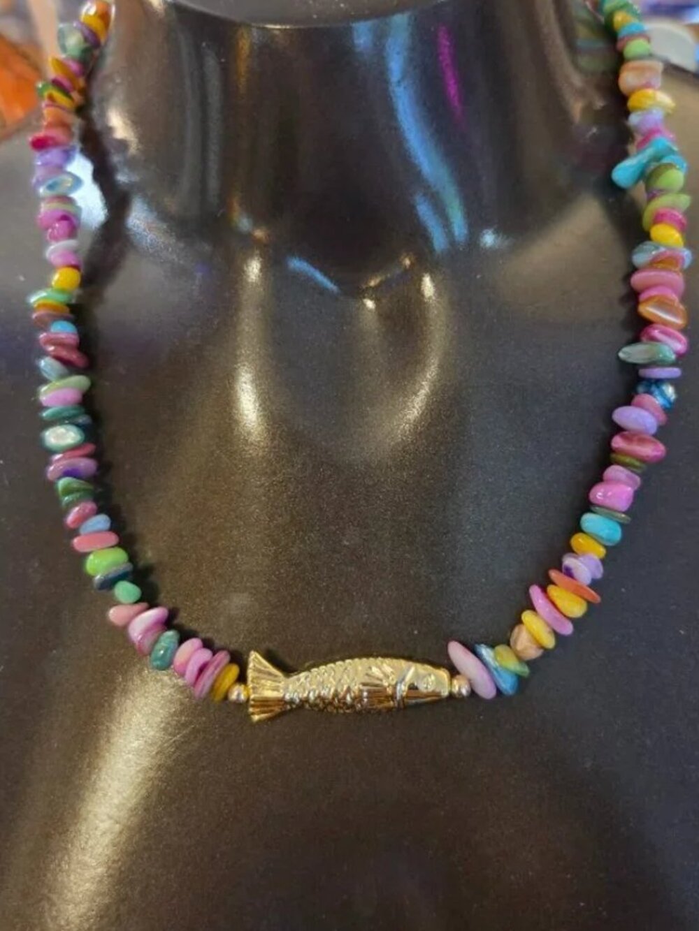 Unisex Vintage Multi-Color Shell Chip Statement Necklace Fish S.Steel GORGEOUS!!